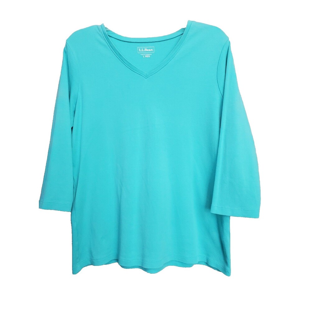 LL Bean Women's Teal Cotton V-Neck 3/4 Sleeve T-Shirt Size Large Regular